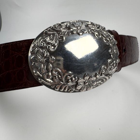 Vintage ROC 1996 Brown Genuine Leather Belt Silver Buckle Florals Womens Size M - Picture 7 of 9